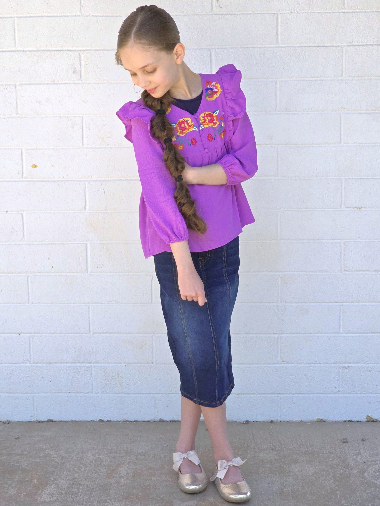 Girls Embroidered Floral Top
