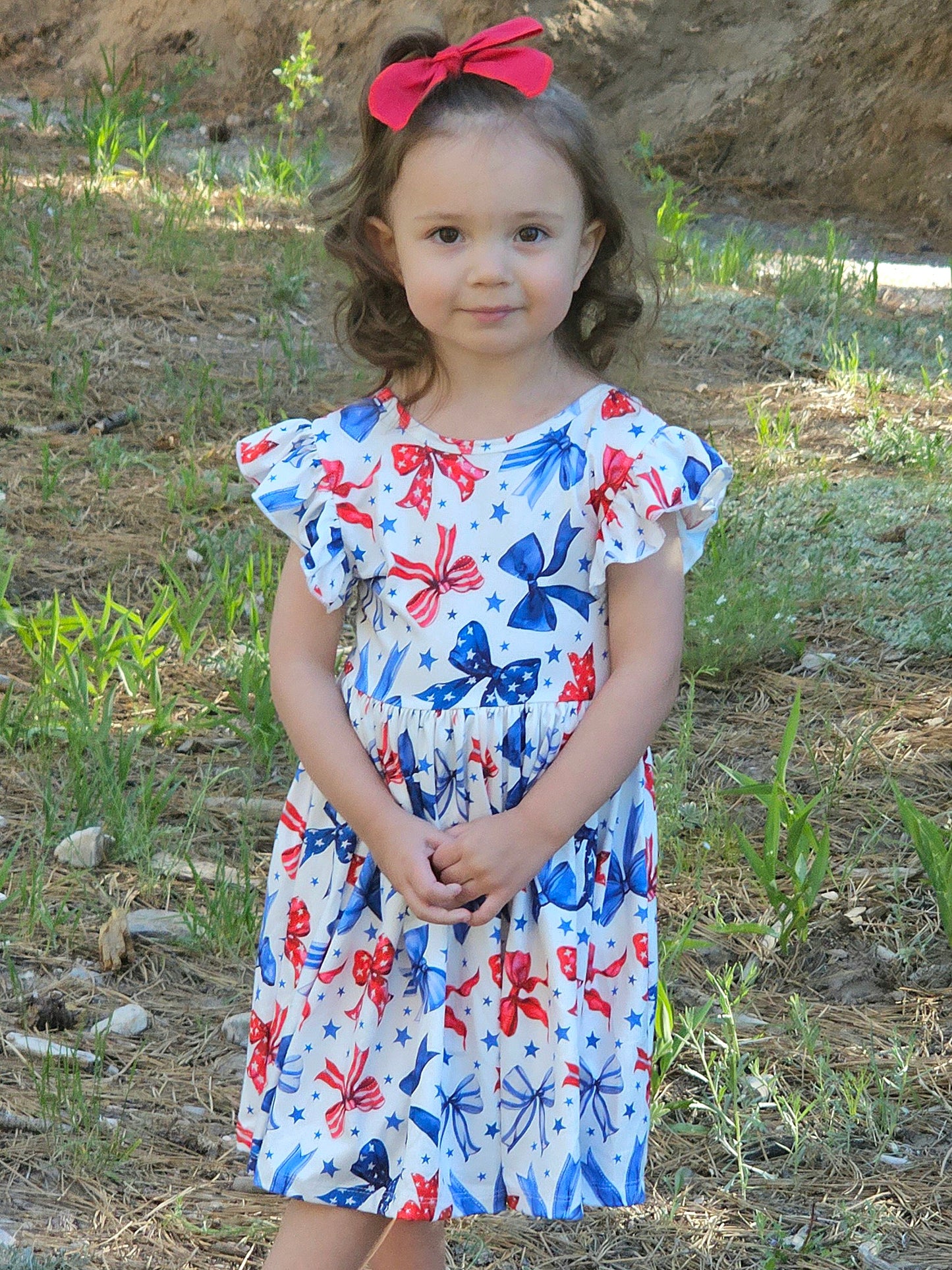 Sparkles and Bows Flutter Sleeve Twirl Dress