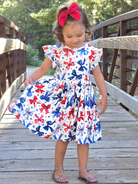 Sparkles and Bows Flutter Sleeve Twirl Dress