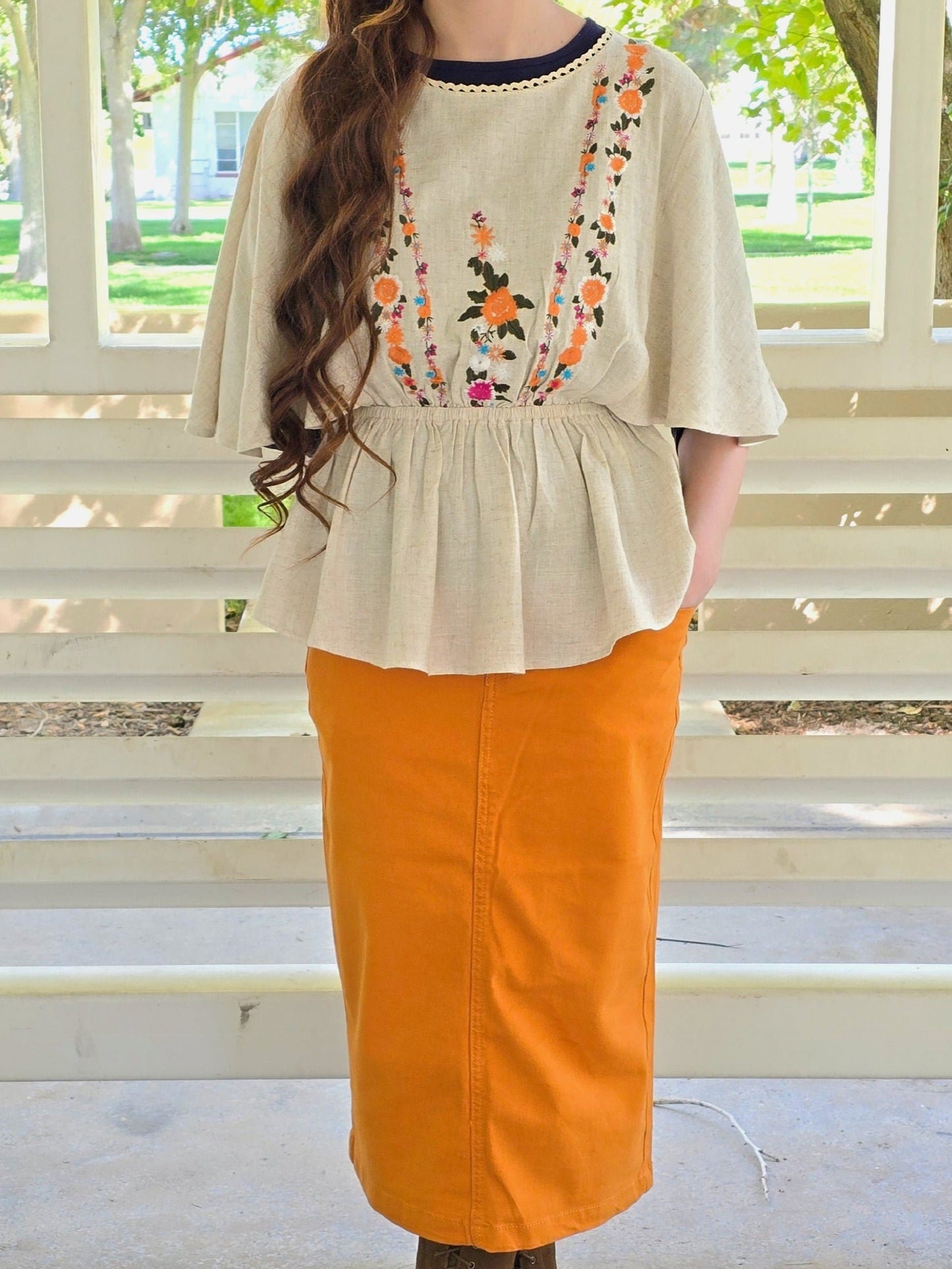 Linen Embroidery Ruffle Top