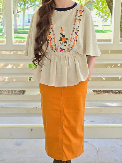 Linen Embroidery Ruffle Top