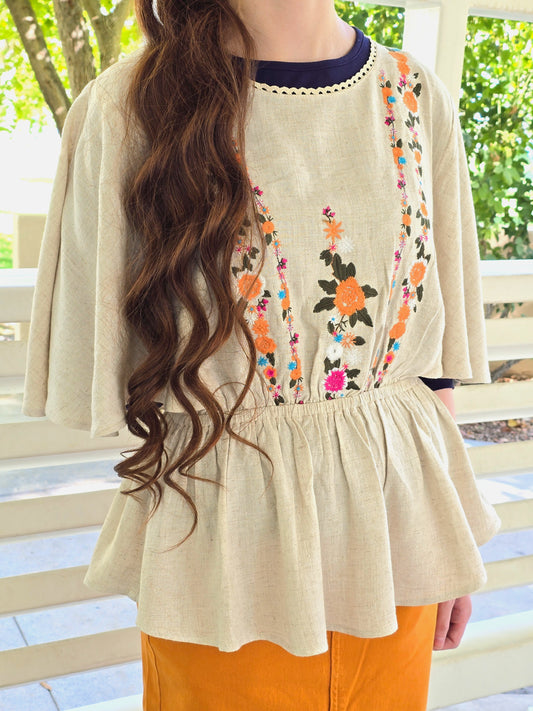 Linen Embroidery Ruffle Top